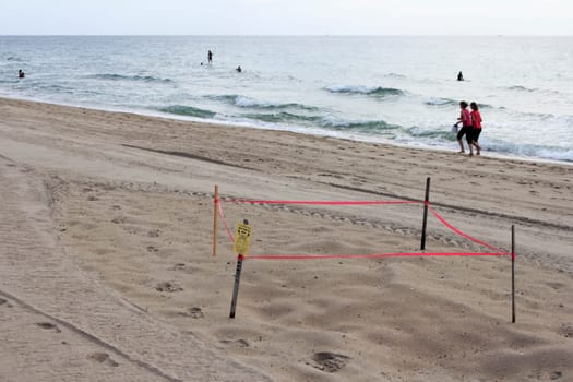 LAUDERDALE BY THE SEA, FLORIDA - JULY 14, 2013: Sea turtle nest protected by wood stakes, plastic red tape and a small sign with people walking, surfers, paddle boarders, swimmers and boats in back.