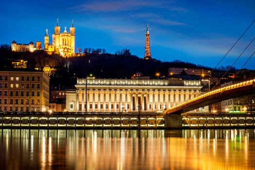 night view from Lyon city near the Fourviere cathedral and Saône river
