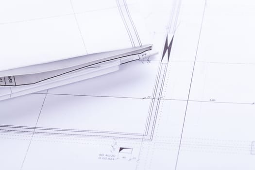 Architectural blueprints and working materials for architects for surveying in the Böro on a scherib tisch