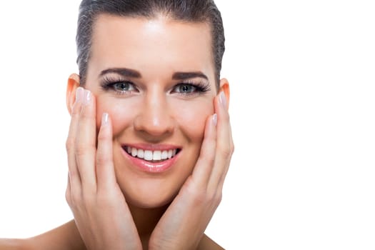 natural beautiful young woman with pure skin and dark hair isolated portrait cosmetic makeup care