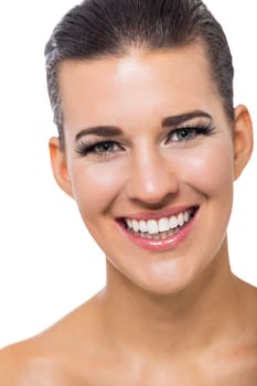 natural beautiful young woman with pure skin and dark hair isolated portrait cosmetic makeup care