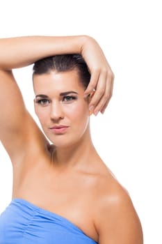 natural beautiful young woman with pure skin and dark hair isolated portrait cosmetic makeup care