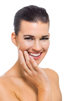 natural beautiful young woman with pure skin and dark hair isolated portrait cosmetic makeup care