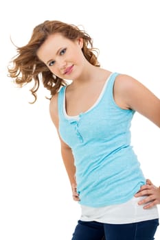 Blonde girl teen with blue eyes and blue shirt laughing portrait isolated