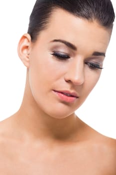 natural beautiful young woman with pure skin and dark hair isolated portrait cosmetic makeup care