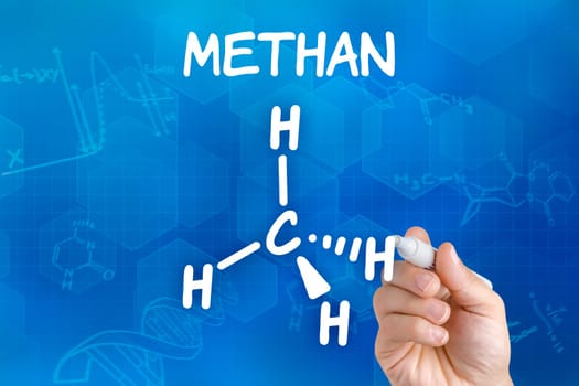 Hand draws chemical structural formula of methane