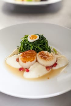 gourmet food with scallops and quail eggs and puree prepared with sauce