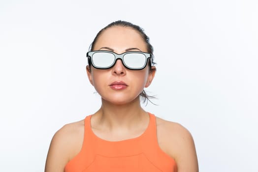 Portrait of beautiful caucasion woman wearing large 3D cinema glasses