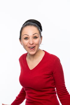 Portrait of beautiful caucasian woman wearing red dress and smiling