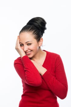 Portrait of beautiful caucasian woman wearing red dress and smiling