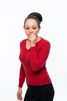 Portrait of beautiful caucasian woman wearing red dress and looking concerned covering her mouth