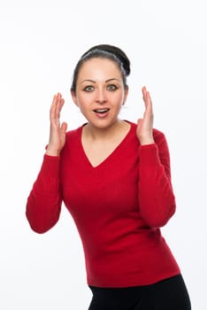 Portrait of beautiful caucasian woman wearing red dress and looking surprised