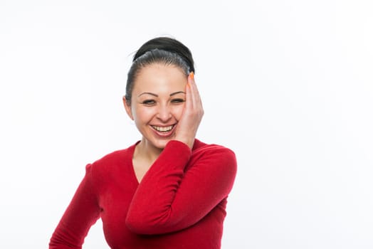 Portrait of beautiful caucasian woman wearing red dress and laughing