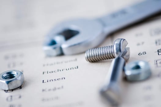 Detailed view of a small mouth wrench with screws and nuts in front of it on the book page of an old table book