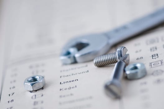 Detailed view of a small mouth wrench with screws and nuts in front of it on the book page of an old table book