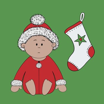 Baby’s first Christmas. Baby wearing a Christmas bodysuit and Santa hat with a fur trim. Next to the toddler is a stocking hanging up ready for Father Christmas to fill with presents on Christmas Eve. Christmas fun. Christmas card. Christmas celebrations. New baby at Christmas. Contemporary Christmas design.