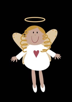 Cute Christmas angel illustration in a quirky cartoon style. Cartoon rustic folk art angel design. This simple nativity angel has a golden halo and heart motif on her dress.. Perfect character as a Christmas tree topper.