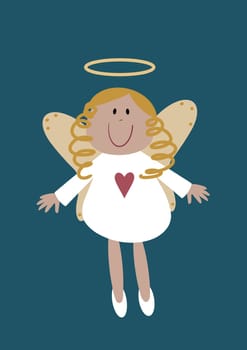 Cute Christmas angel illustration in a quirky cartoon style. Cartoon rustic folk art angel design. This simple nativity angel has a golden halo and heart motif on her dress.. Perfect character as a Christmas tree topper.