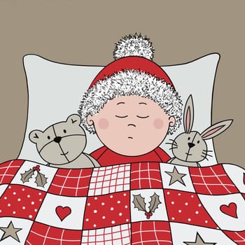 Baby’s first Christmas illustration. The Baby is sleeping under a cute Christmas patchwork quilt with holly leaves, heart and star motifs. They are wearing a Santa hat with fur trim and snuggled up with their favourite teddy bear and bunny rabbit toys. New baby at Christmas., a modern festive design.