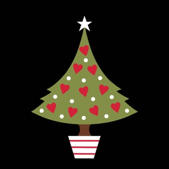 Modern Christmas tree design with simple heart and polka dot decorations and a star on top. The tree is in a festive red and white striped pot like a candy cane and placed on a bold black background.