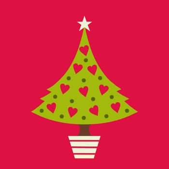 Modern Christmas tree design with simple heart and polka dot decorations and a star on top. The tree is in a festive red and white striped pot like a candy cane and placed on a festive red background.