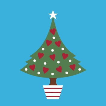 Modern Christmas tree design with simple heart and polka dot decorations and a star on top. The tree is in a festive red and white striped pot like a candy cane and placed on a bold blue background.