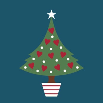Modern Christmas tree design with simple heart and polka dot decorations and a star on top. The tree is in a festive red and white striped pot like a candy cane and placed on a bold teal background.