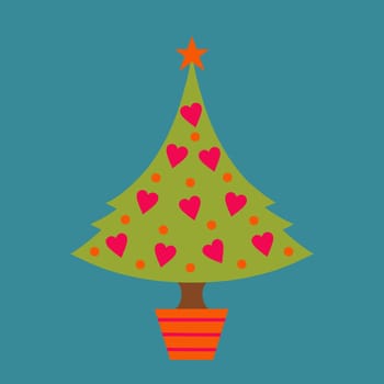 Modern Christmas tree design with simple heart and polka dot decorations and a star on top. The tree is in a festive striped pot like a candy cane and placed on a turquoise background.