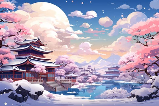 An exquisite winter composition, expertly capturing the tranquil allure of recently fallen snow draping over trees, landscapes, and architectural structures.