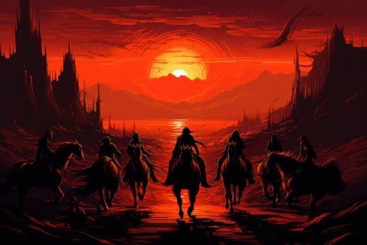 An awe-inspiring portrayal of fabled phoenix riders, gracefully soaring through the skies astride magnificent fiery avian creatures.
