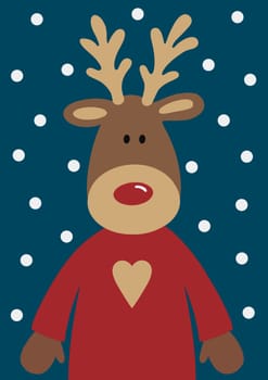 Quirky reindeer with snow falling. The reindeer is wearing a cosy jumper with a heart motif. A Christmas illustration, perfect for the festive season. Modern, contemporary Xmas design.