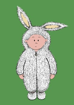 Illustration of a child in a cosy bunny rabbit costume. New onesie for Christmas. Christmas present. Christmas onesie. Christmas illustration. Perfect for the holiday season. Dressing up for Christmas. Rabbit onesie. Bunny onesie. Bunny costume. Rabbit costume. Also ideal as an Easter or birthday image.