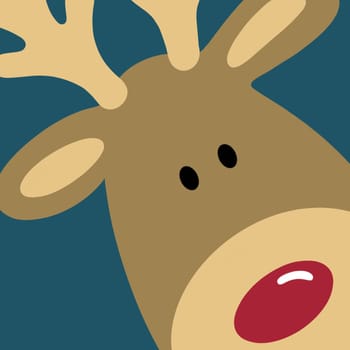 Close up view of a quirky reindeer with snow falling. The reindeer is wearing a cosy jumper with a heart motif. A Christmas illustration, perfect for the festive season. Modern, contemporary Xmas design.