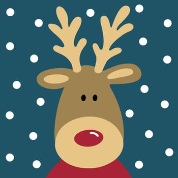 Quirky reindeer with snow falling. The reindeer is wearing a cosy jumper with a heart motif. A Christmas illustration, perfect for the festive season. Modern, contemporary Xmas design.