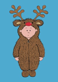 Cartoon illustration of a young child in a cute furry reindeer onesie. Dressing up at Christmas in a new reindeer costume. Baby’s first Christmas. Festive fancy dress fun.