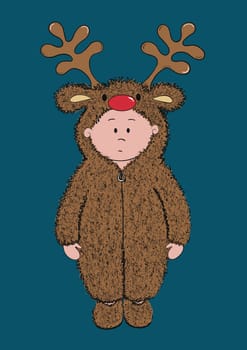 Cartoon illustration of a young child in a cute furry reindeer onesie. Dressing up at Christmas in a new reindeer costume. Baby’s first Christmas. Festive fancy dress fun.