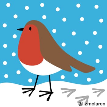 Cute cartoon robin in the snow. A cute Christmas image on a cold day. The bird is lwalking and leaving tiny footprints in the snow. Xmas fun in the snow. A simple contemporary festive design.