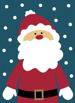 Illustration of a fun quirky Santa with a big bushy beard, on a teal blue background. Snow is falling all around. Quirky Father Christmas. Cartoon style Christmas illustration. Perfect for the holiday season.
