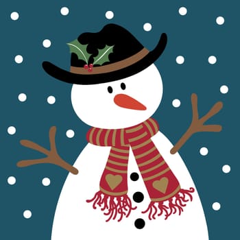 Cartoon snowman illustration on a cold winter day with snow falling.  The snow man is wearing a hat decorated with holly leaves and a striped scarf with hearts motifs and tassels. He has a the traditional carrot for his nose and twigs as arms. Fun in the snow at Christmas.