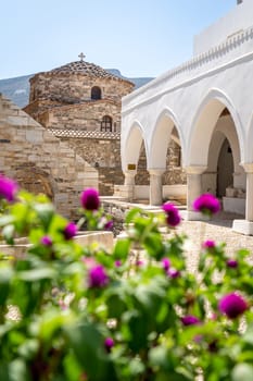 Flowers in courtyard of Panagia Ekatontapiliani in Paros