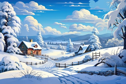 An exquisite winter composition, expertly capturing the tranquil allure of recently fallen snow draping over trees, landscapes, and architectural structures.