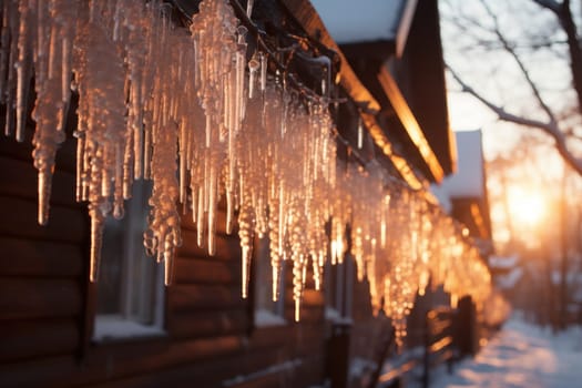 A remarkable portrayal of winter's allure, focusing on the glistening, see-through charm of icicles suspended from rooftops and tree limbs, showcasing their sparkling and crystalline elegance.