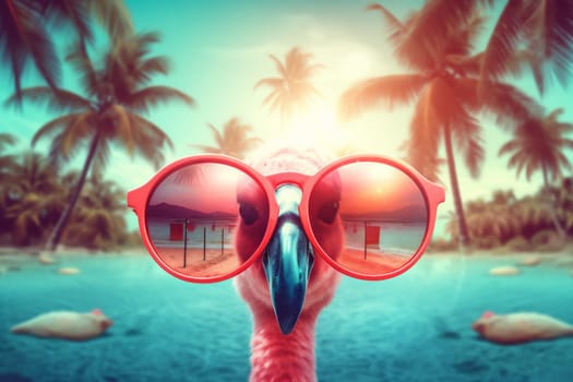 swim leisure feather animal illustration hipster flamingo holiday sunglasses paradise pink wild summer party bird goggles trendy tropical exotic cool. Generative AI.