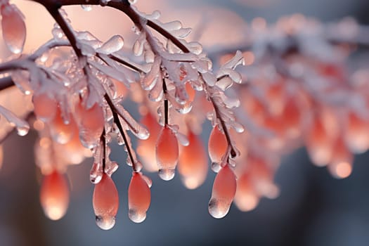 A remarkable portrayal of winter's allure, focusing on the glistening, see-through charm of icicles suspended from rooftops and tree limbs, showcasing their sparkling and crystalline elegance.