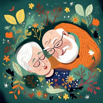 man woman cartoon relax together bedtime adult asleep love bed couple wife male sleep happy grandmother retired old romantic person character married. Generative AI.