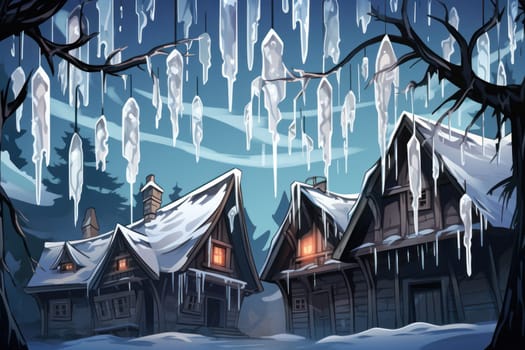 A remarkable portrayal of winter's allure, focusing on the glistening, see-through charm of icicles suspended from rooftops and tree limbs, showcasing their sparkling and crystalline elegance.