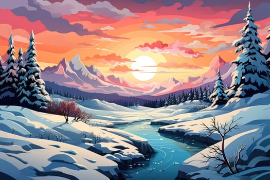 A captivating artistic portrayal of the enchanting winter season, where landscapes are magically transformed into a wonderland adorned with shimmering snow and sparkling icicles.