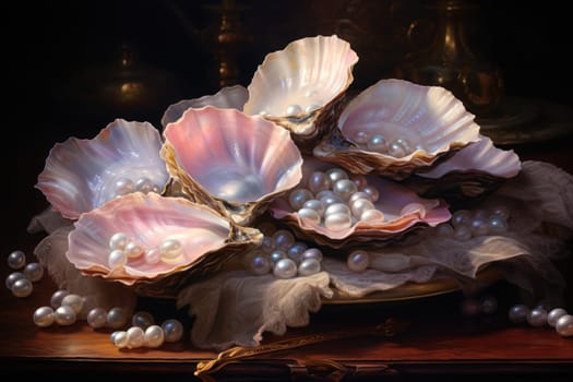 An enchanting depiction of radiant pearl oysters, tenderly nurturing exquisite pearls imbued with enigmatic properties.