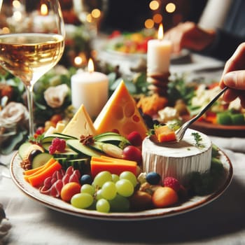 close up photo of plate with cheese dish on some festive event, party or wedding reception. macro lens