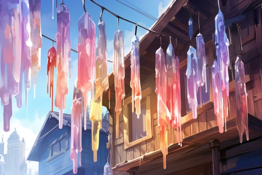 A remarkable portrayal of winter's allure, focusing on the glistening, see-through charm of icicles suspended from rooftops and tree limbs, showcasing their sparkling and crystalline elegance.